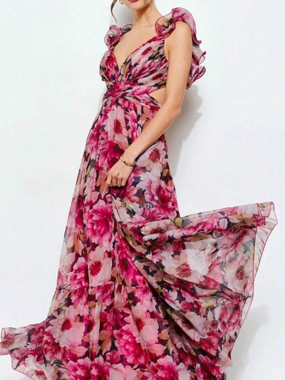 Hot Pink Elegant Women's Fairycore Floral Maxi Dress Ruched Waist